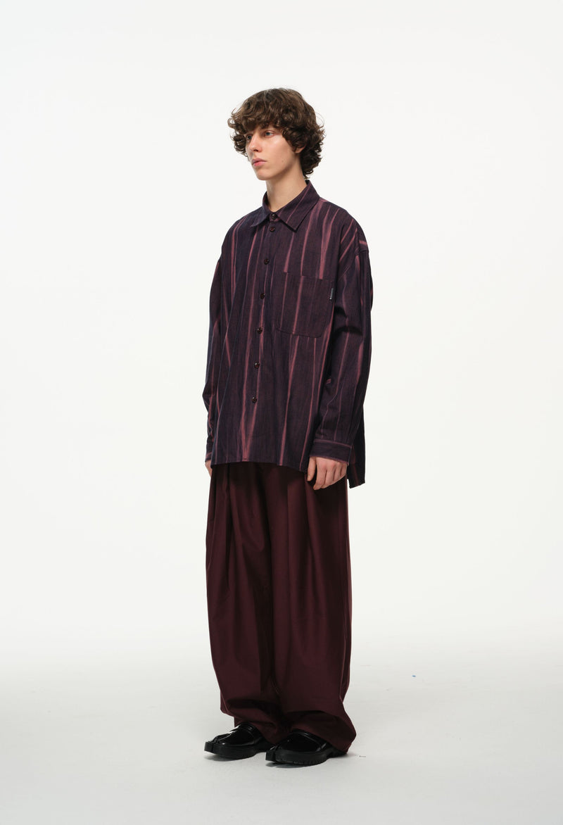 Vertical Stripe Button Up – Deep Burgundy & Rose, Relaxed Fit