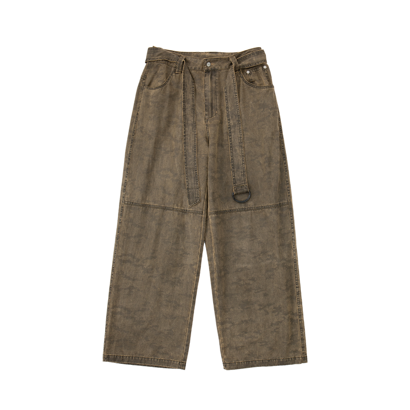 Kota Light Denim Sash Belt Pants – Subtle Washed Brown Camo