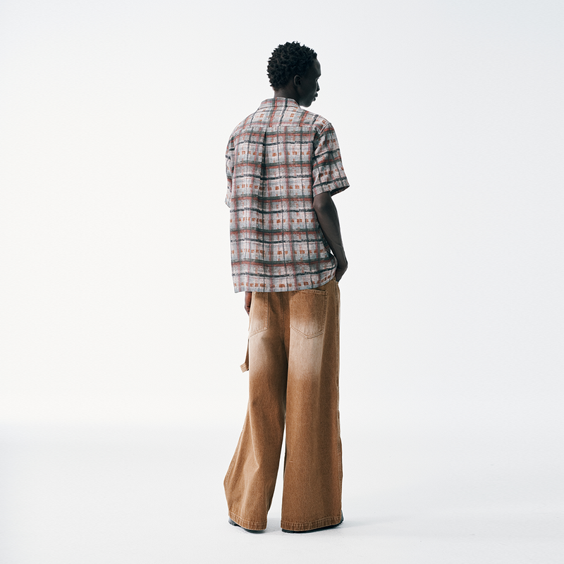 Abstract Paint Brush Plaid Button Up – Short Sleeve, Earth Tones