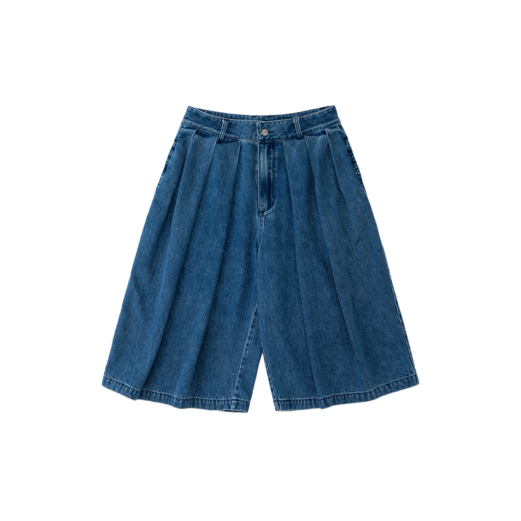 Wide Leg Pleated Denim Long Shorts - Washed Indigo – FRIED RICE SHOP