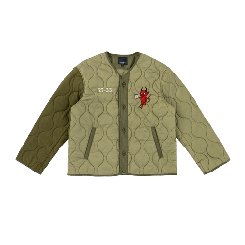 Green quilted jacket with a red devil graphic and text on a white background