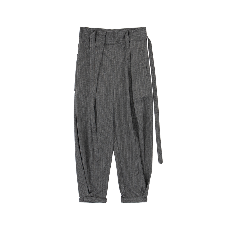 Noa Wrap-Front Pleated Pants – Wrap Around Sash Belt, Grey Pinstripe