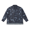 Dark denim shirt with abstract bleached pattern on a white background