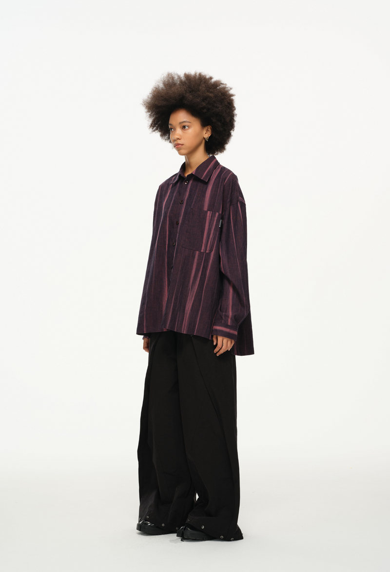 Vertical Stripe Button Up – Deep Burgundy & Rose, Relaxed Fit