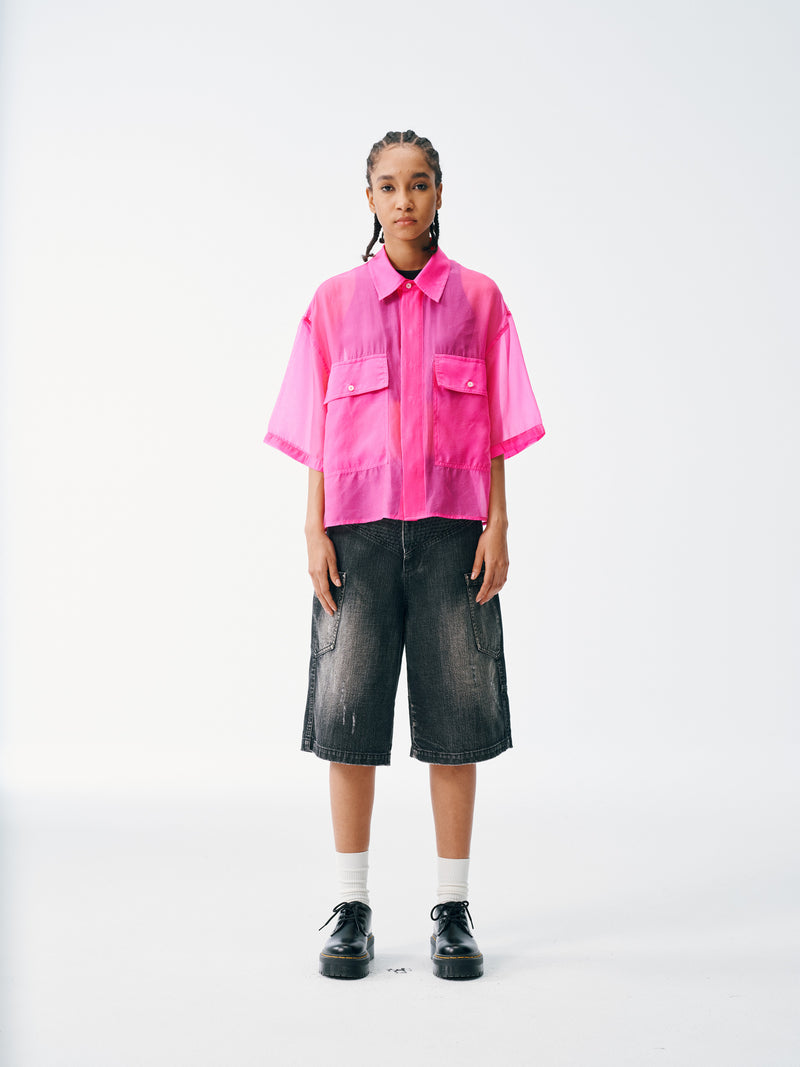 Candy Wrap Sheer Cropped Button Up
