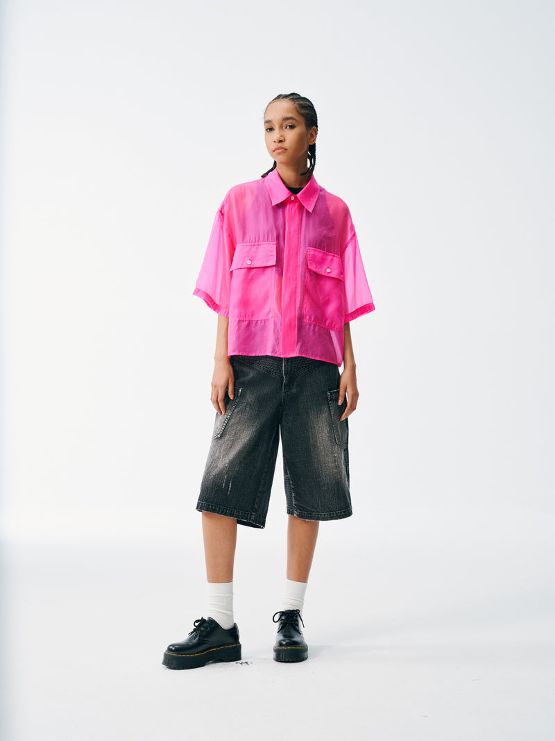 Candy Wrap Sheer Cropped Button Up