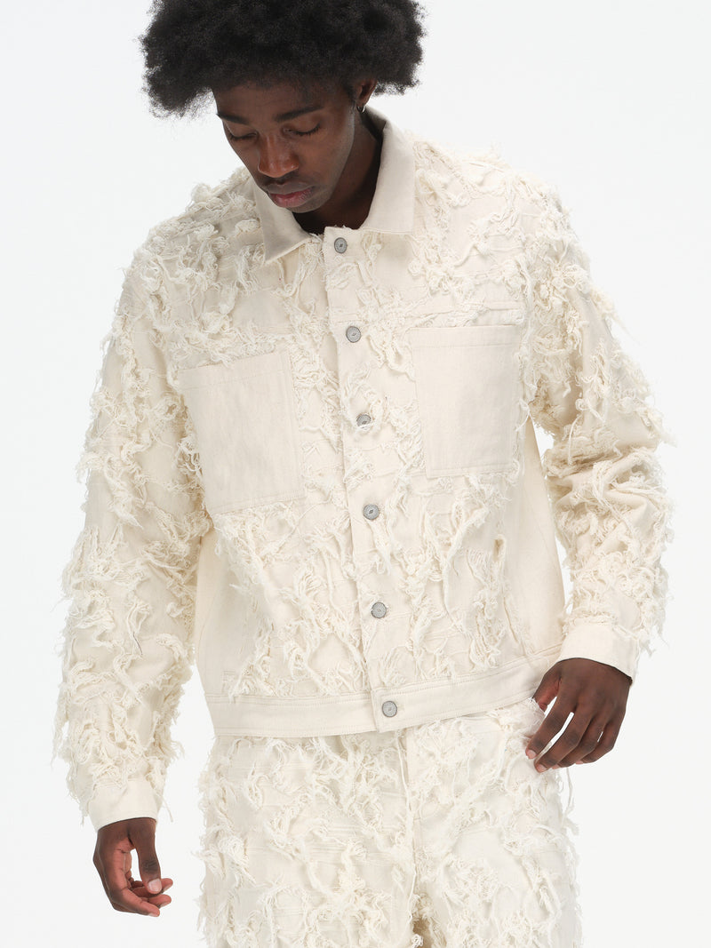 Distressed Fringe Denim Jacket - Cream – FRIED RICE SHOP