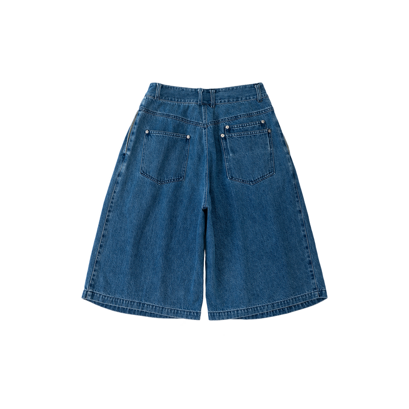 Pleated Denim Long Shorts - Washed Indigo – FRIED RICE SHOP