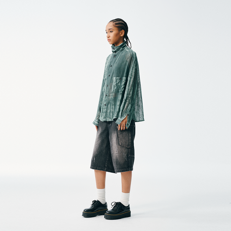 Super-Sheer High Collar Button Up – Forest Tie-Dye, Lightweight Drape
