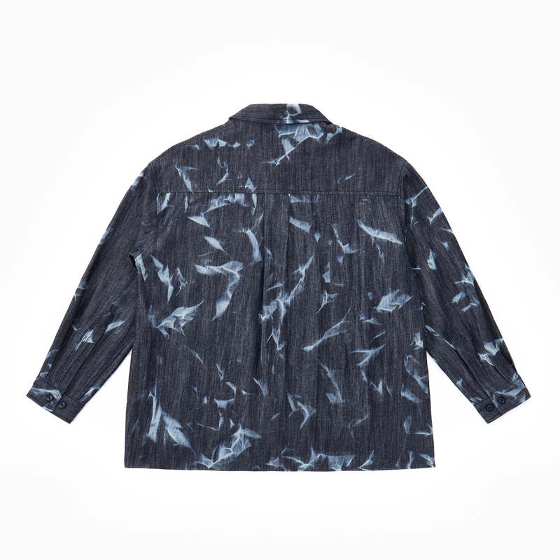 Dark denim shirt with bleached abstract pattern back