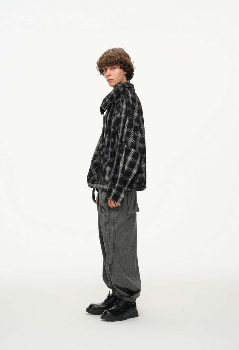 Distorted Plaid Half-Zip Pullover – Black & White, Boxy Fit