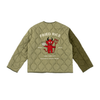 Green quilted jacket with a red devil graphic and text on the back, on a white background.