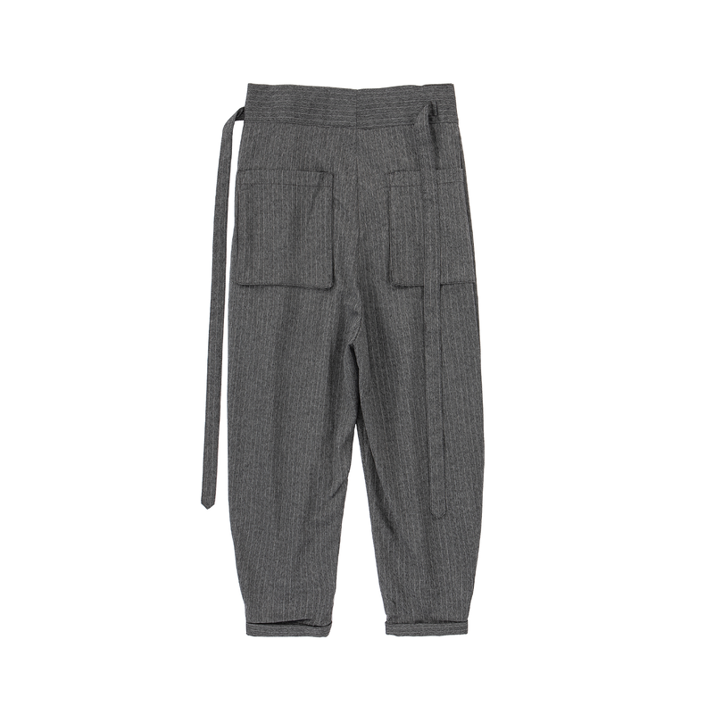 Noa Wrap-Front Pleated Pants – Wrap Around Sash Belt, Grey Pinstripe