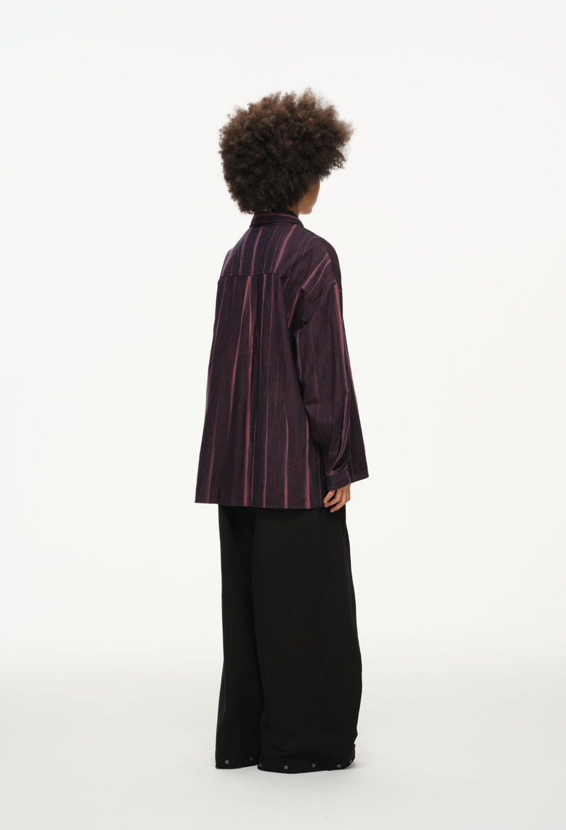 Vertical Stripe Button Up – Deep Burgundy & Rose, Relaxed Fit