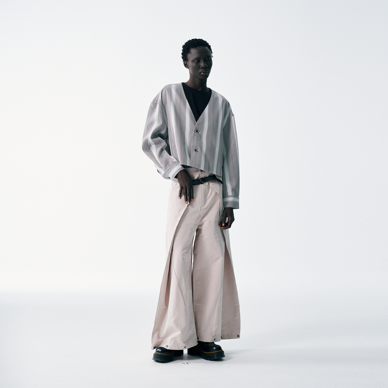 Cropped V-Neck Jacket – Striped Monochrome Twill