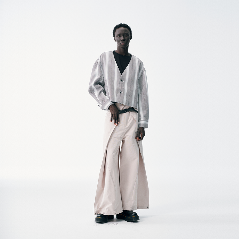 Cropped V-Neck Jacket – Striped Monochrome Twill