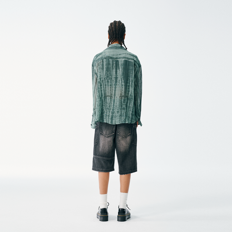 Super-Sheer High Collar Button Up – Forest Tie-Dye, Lightweight Drape