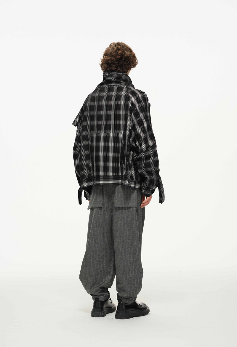 Distorted Plaid Half-Zip Pullover – Black & White, Boxy Fit