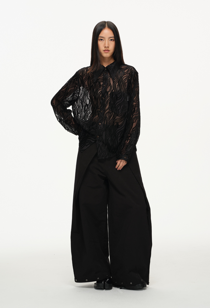 Sheer Wavy Button-Up Shirt - Midnight
