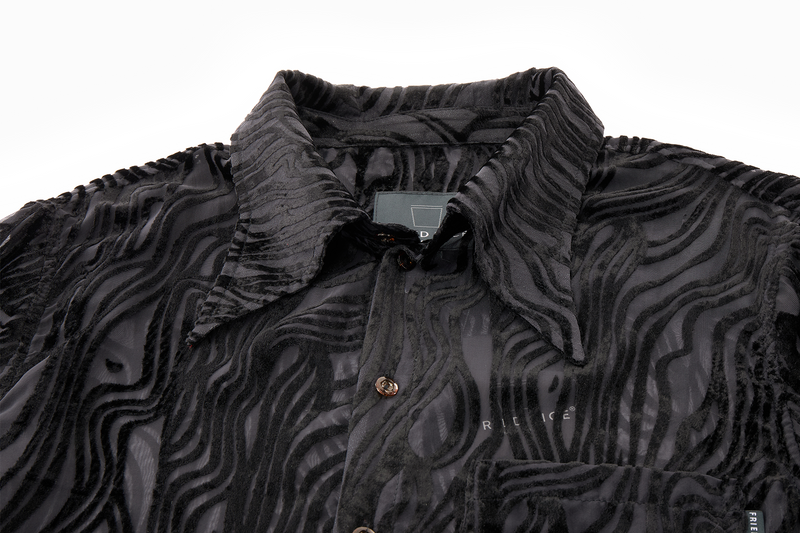 Black patterned shirt with a collar on a white background
