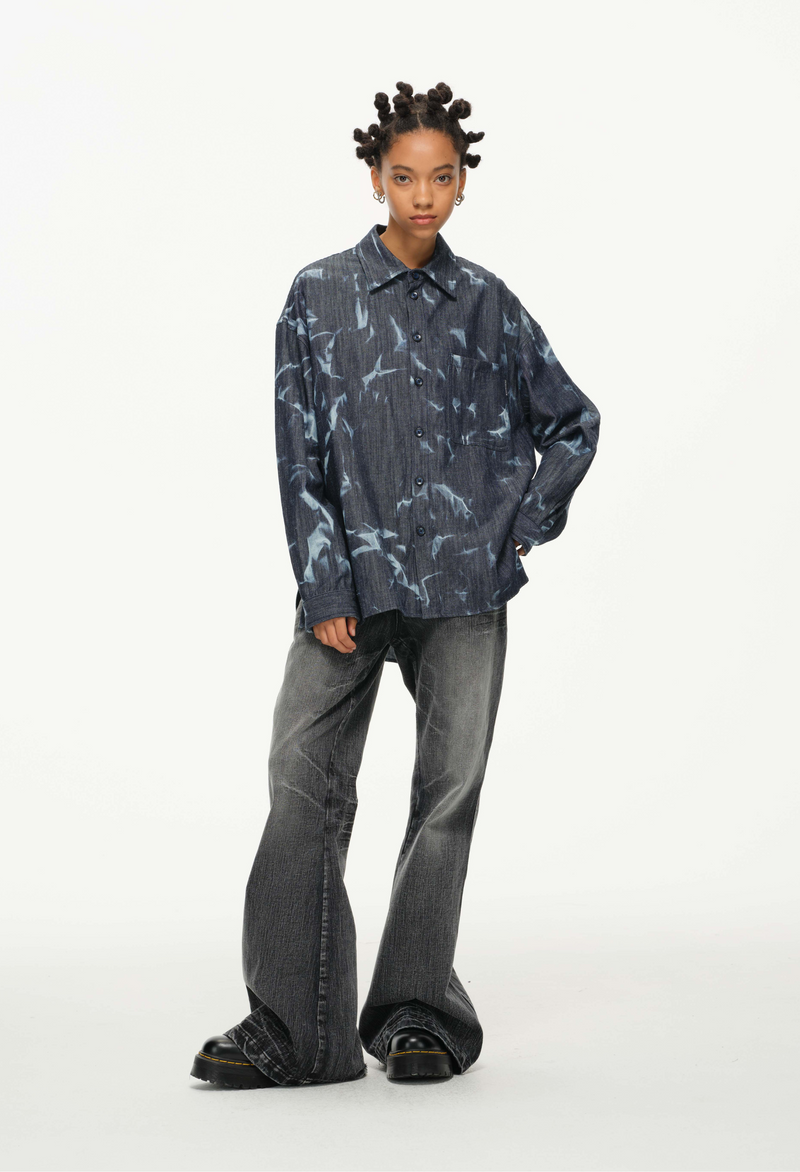 Abstract Indigo Button-Up Shirt – Washed Blue Pattern