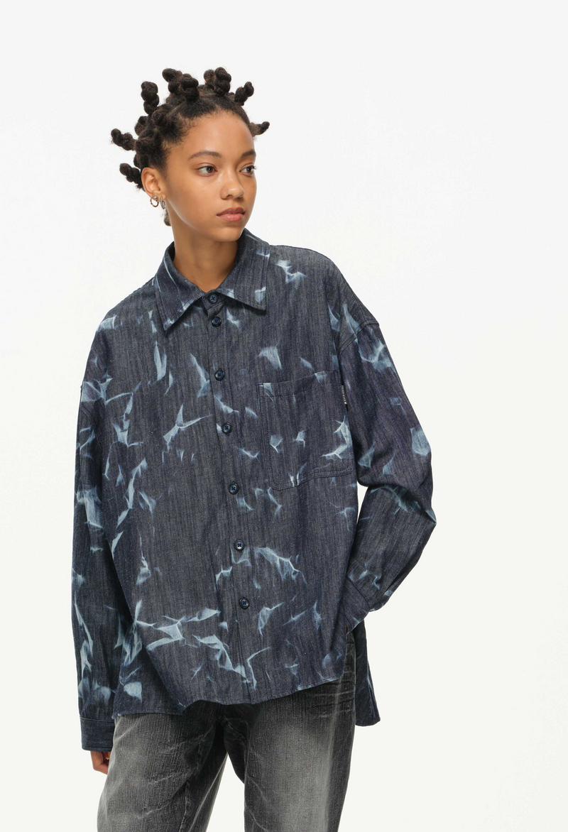Abstract Indigo Button-Up Shirt – Washed Blue Pattern