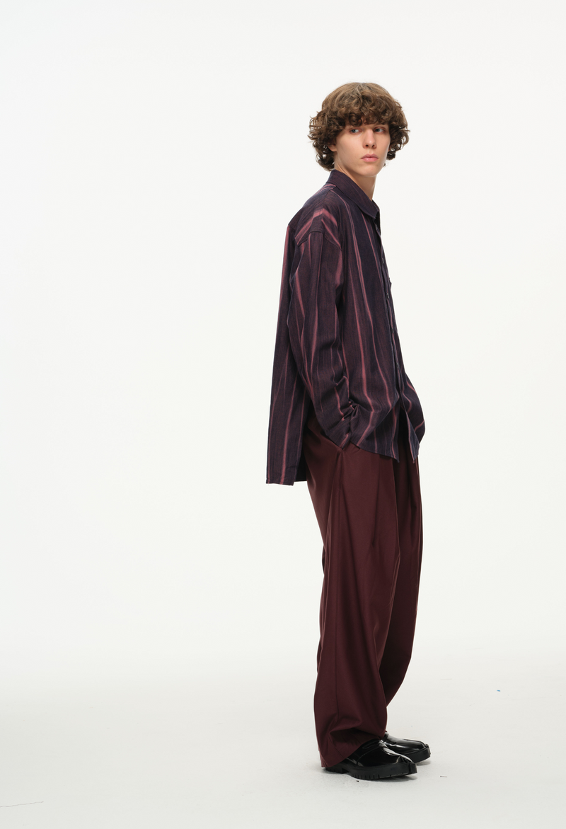 Vertical Stripe Button Up – Deep Burgundy & Rose, Relaxed Fit