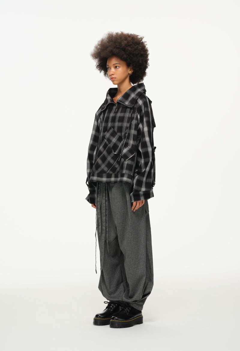 Distorted Plaid Half-Zip Pullover – Black & White, Boxy Fit