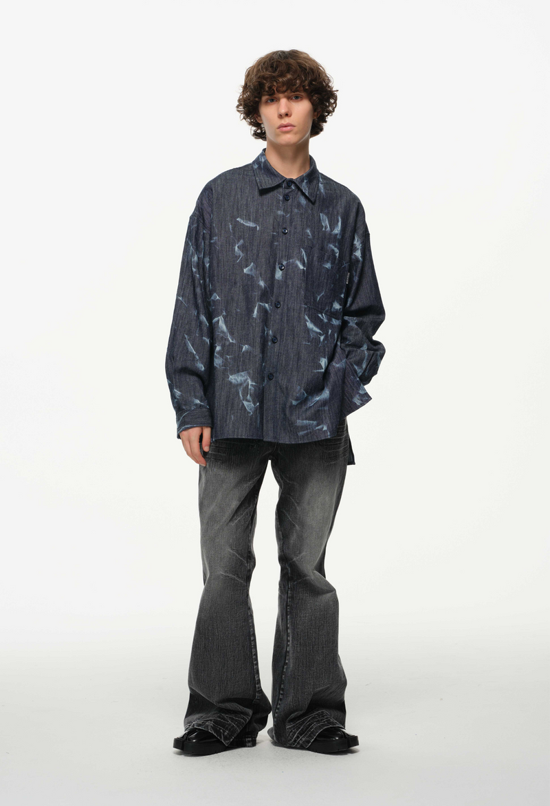 Abstract Indigo Button-Up Shirt – Washed Blue Pattern