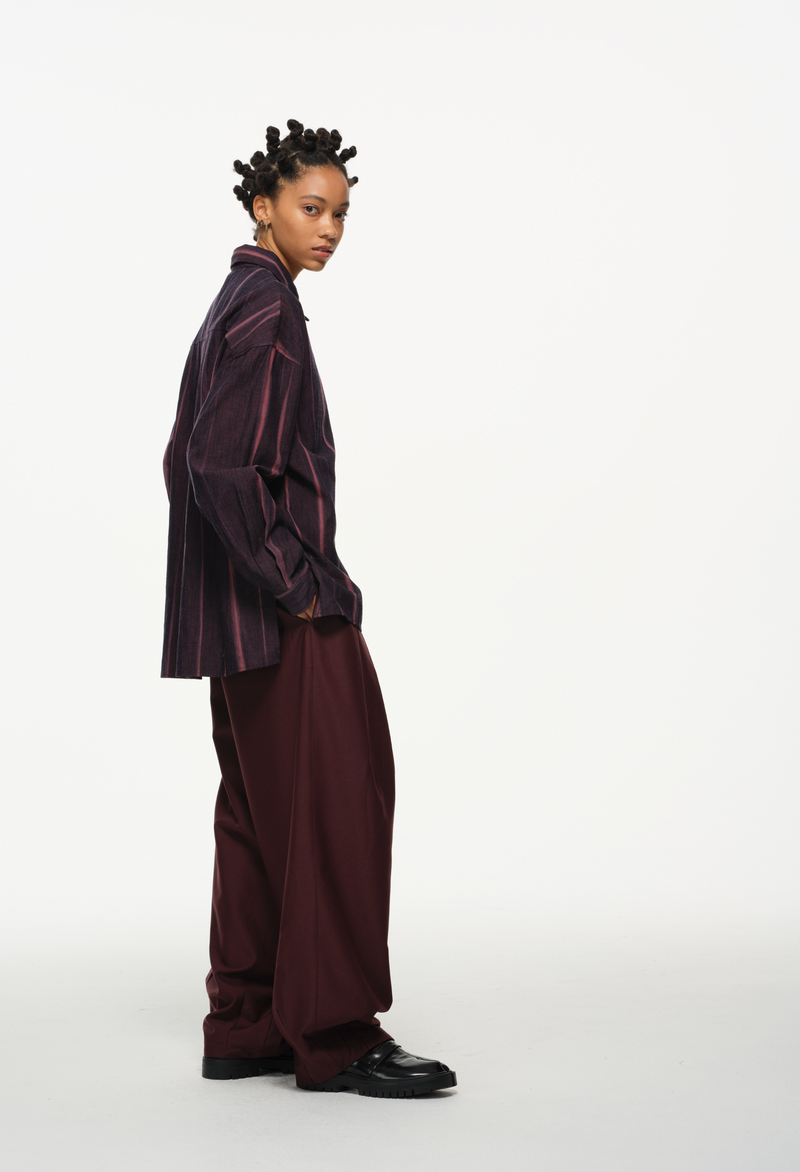 Vertical Stripe Button Up – Deep Burgundy & Rose, Relaxed Fit
