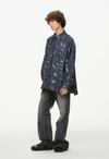 Abstract Indigo Button-Up Shirt – Washed Blue Pattern
