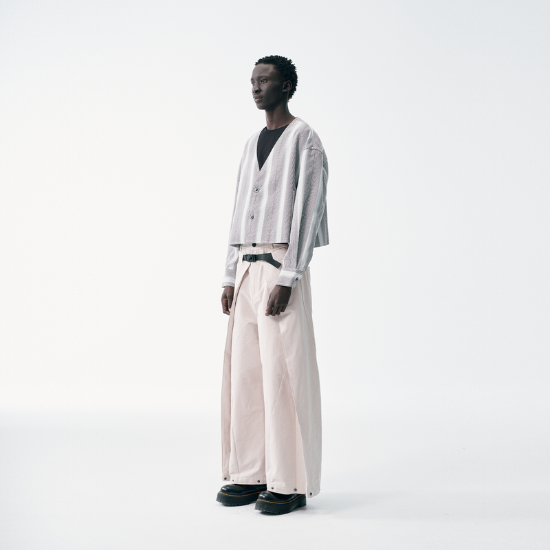 Cropped V-Neck Jacket – Striped Monochrome Twill