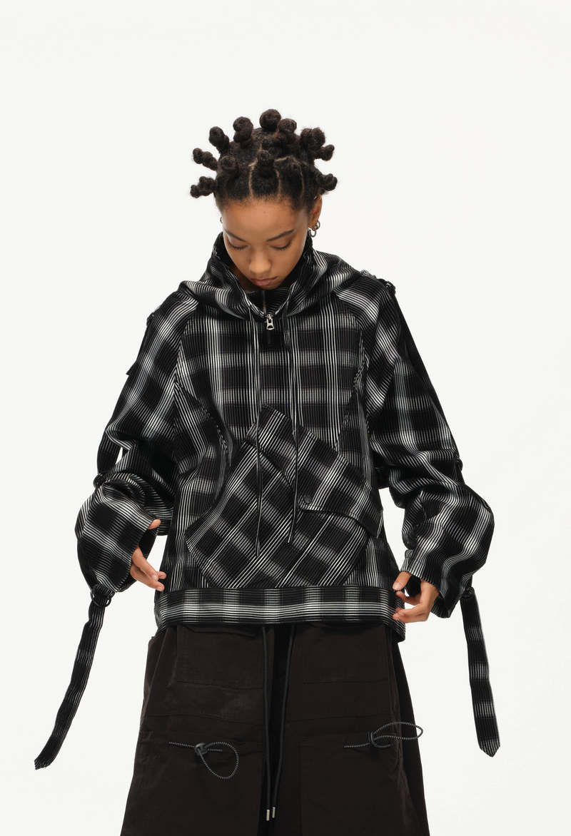 Distorted Plaid Half-Zip Pullover – Black & White, Boxy Fit