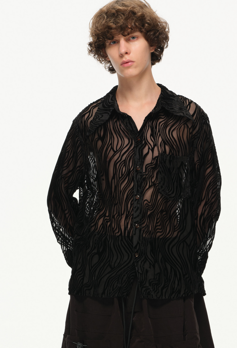 Sheer Wavy Button-Up Shirt - Midnight