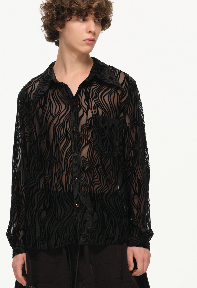 Sheer Wavy Button-Up Shirt - Midnight