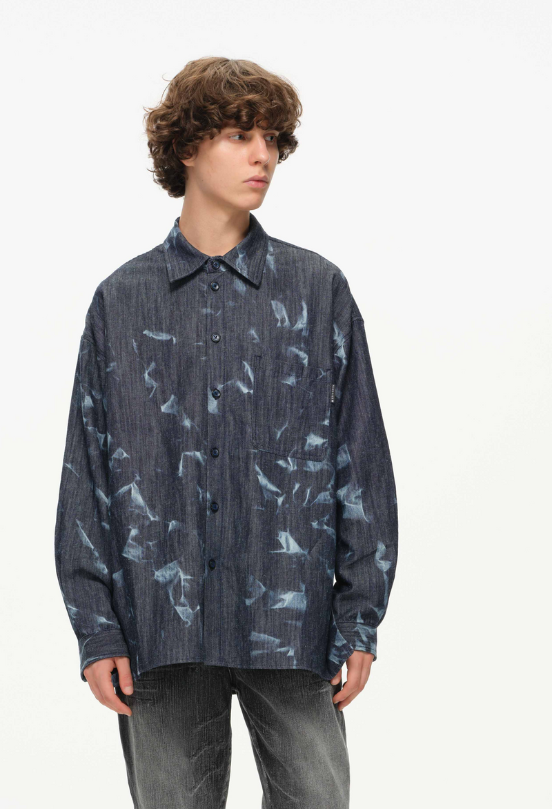 Abstract Indigo Button-Up Shirt – Washed Blue Pattern