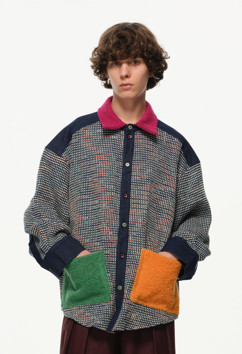 Color-Block Pocket Shirt – Magenta, Green & Mustard