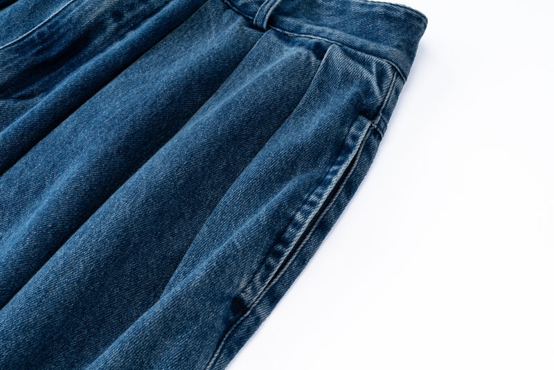 Wide Leg Pleated Denim Long Shorts - Washed Indigo – FRIED RICE SHOP