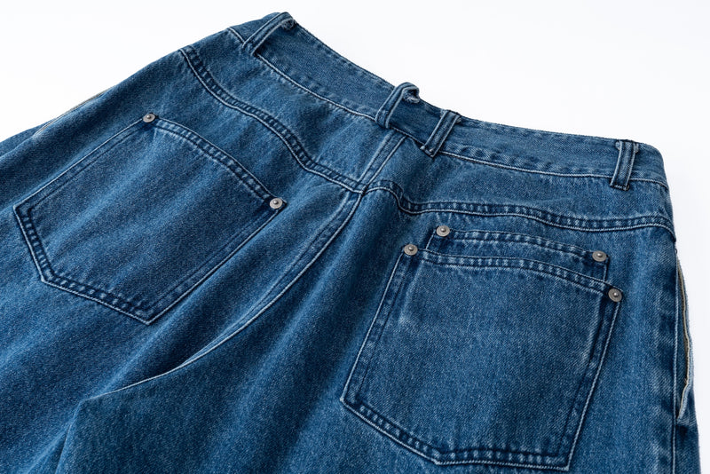 Pleated Denim Long Shorts - Washed Indigo – FRIED RICE SHOP