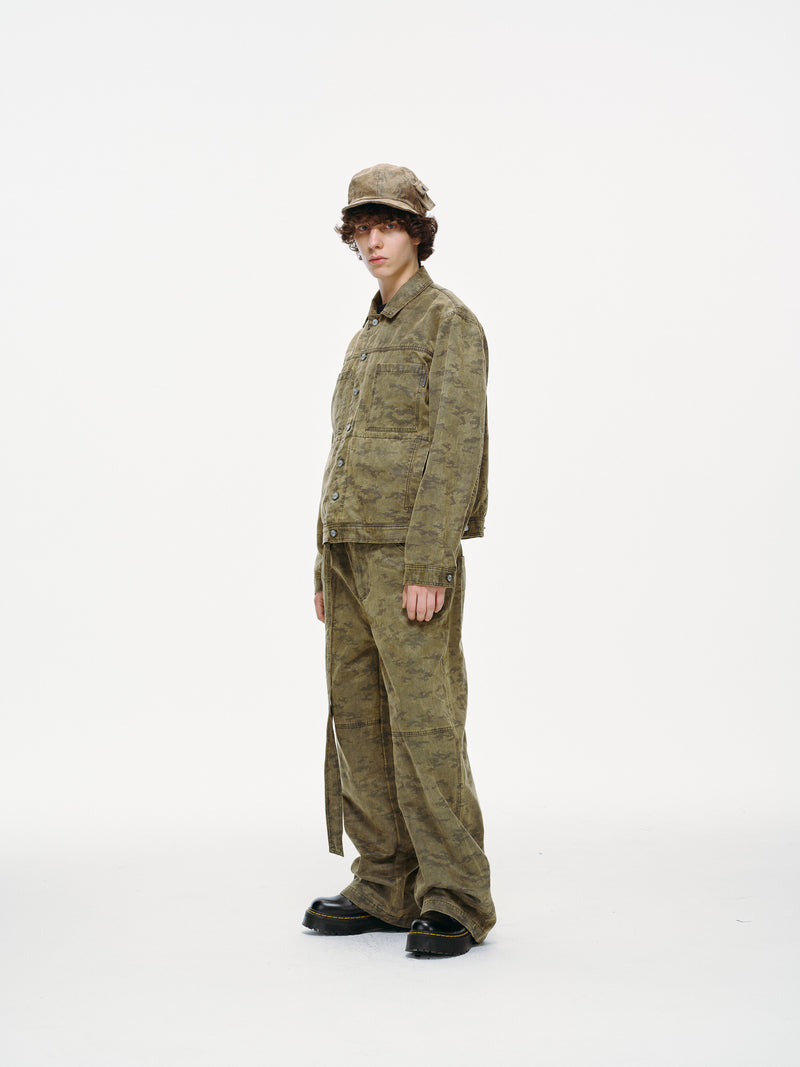 Kota Light Denim Sash Belt Pants – Subtle Washed Brown Camo