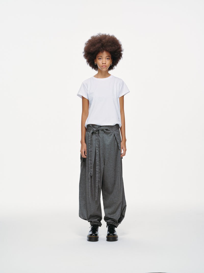 Noa Wrap-Front Pleated Pants – Wrap Around Sash Belt, Grey Pinstripe