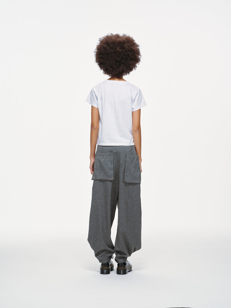 Noa Wrap-Front Pleated Pants – Wrap Around Sash Belt, Grey Pinstripe