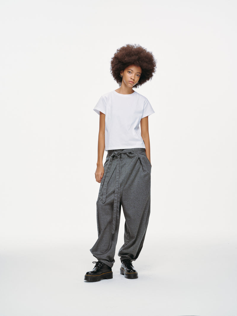 Noa Wrap-Front Pleated Pants – Wrap Around Sash Belt, Grey Pinstripe