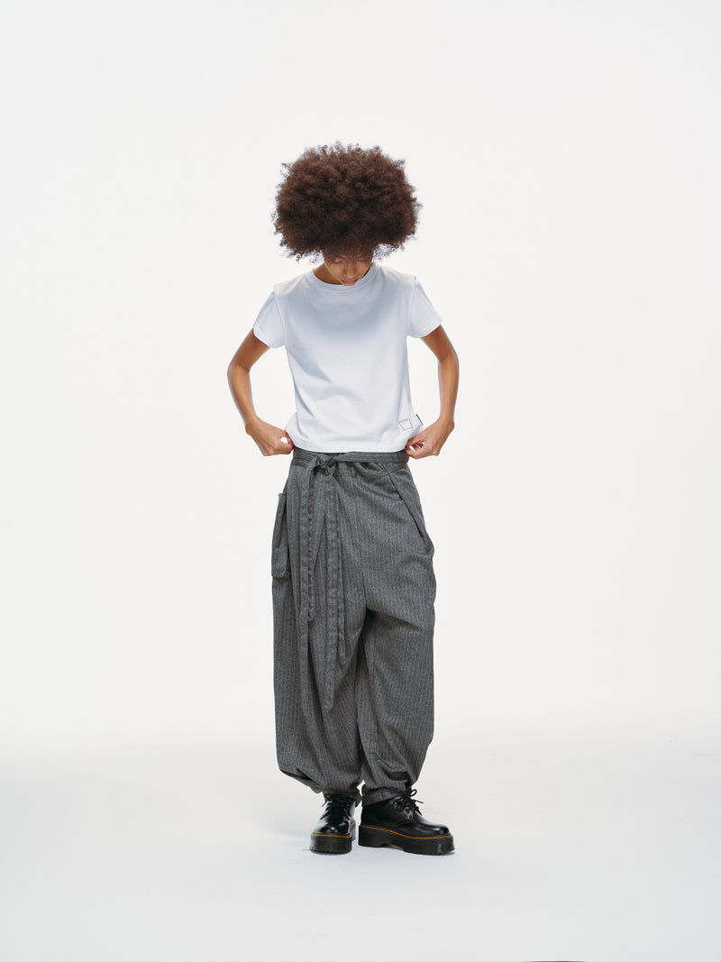 Noa Wrap-Front Pleated Pants – Wrap Around Sash Belt, Grey Pinstripe