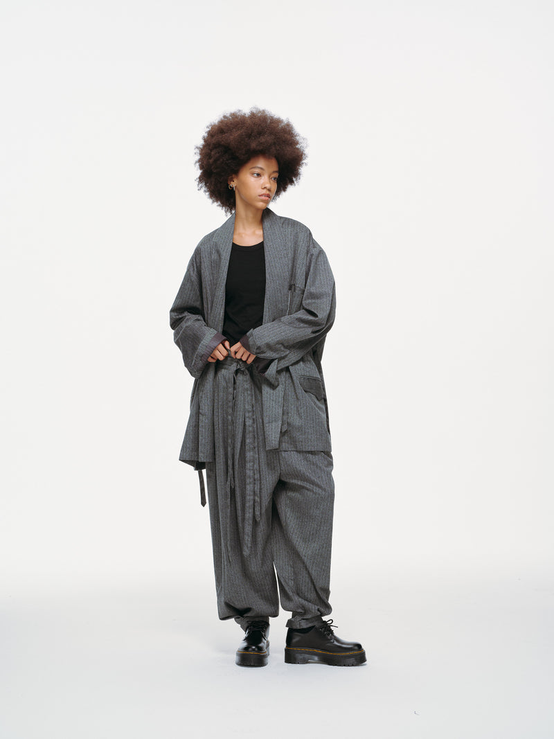 Noa Wrap-Front Pleated Pants – Wrap Around Sash Belt, Grey Pinstripe