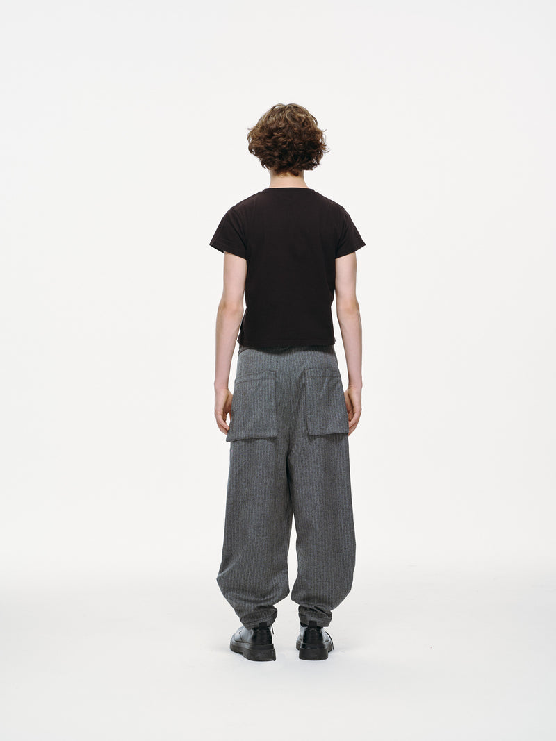 Noa Wrap-Front Pleated Pants – Wrap Around Sash Belt, Grey Pinstripe