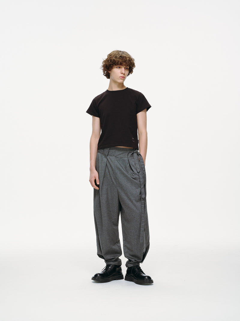 Noa Wrap-Front Pleated Pants – Wrap Around Sash Belt, Grey Pinstripe