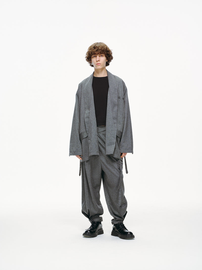 Noa Wrap-Front Pleated Pants – Wrap Around Sash Belt, Grey Pinstripe