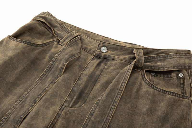 Kota Light Denim Sash Belt Pants – Subtle Washed Brown Camo