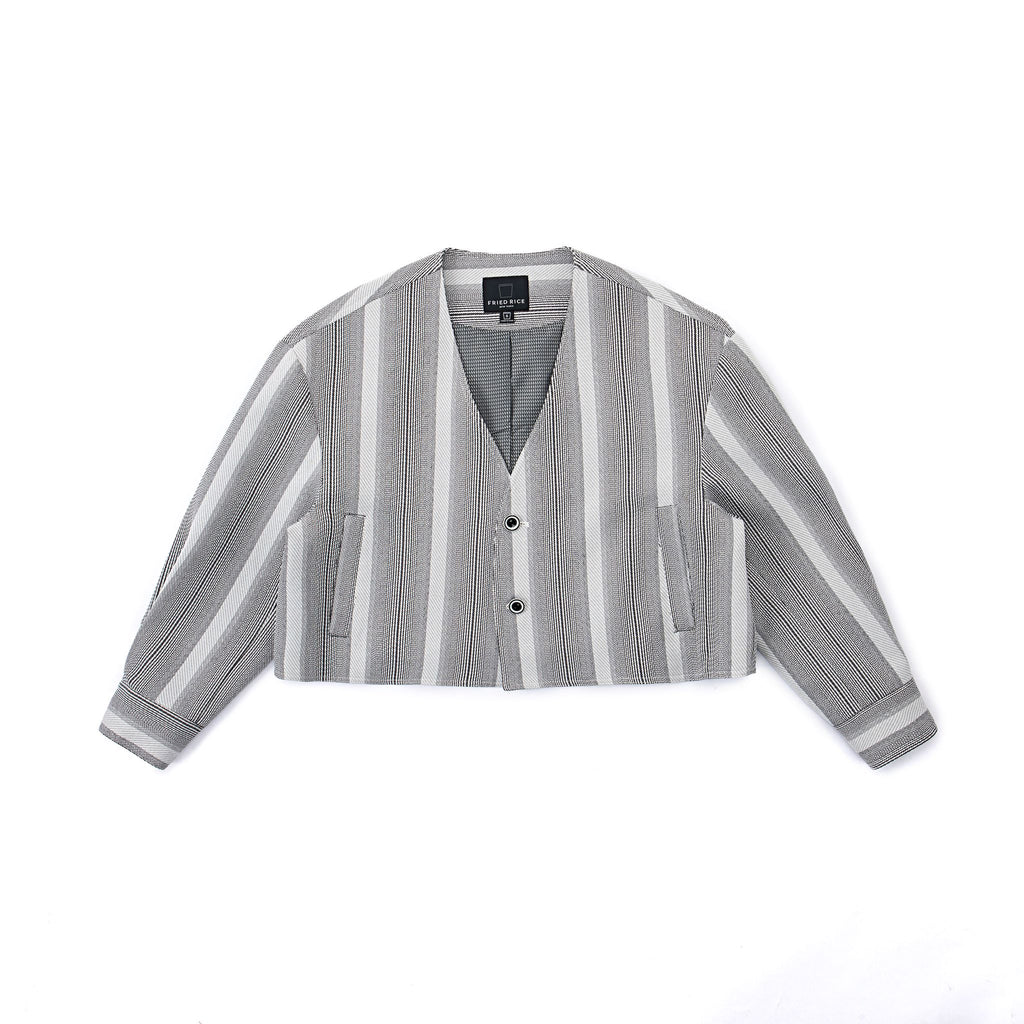 Cropped V-Neck Jacket – Striped Monochrome Twill